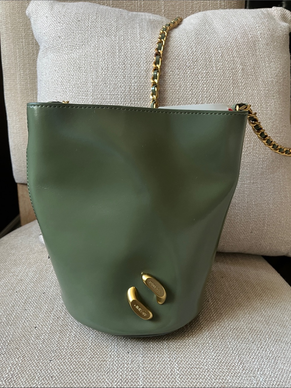 Rebecca Minkoff Olive Green Bucket Bag with Gold Chain